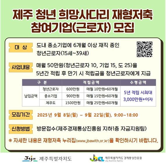 「제주 청년 희망사다리 재형저축」 참여자 추가 모집