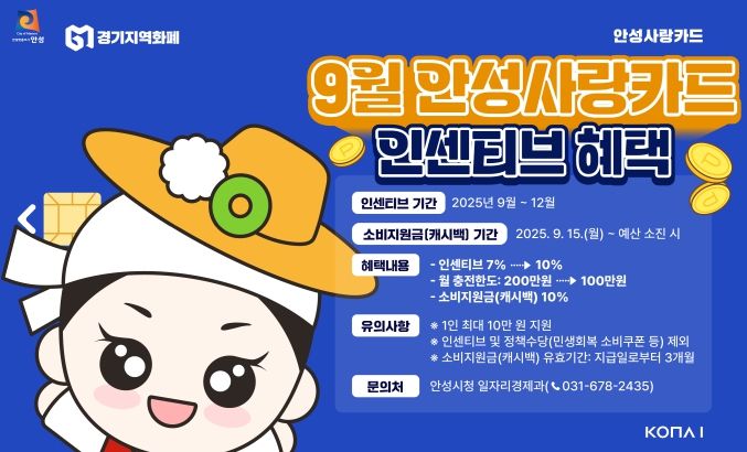 9월부터 안성사랑카드 인센티브 10%, 15일부터는 10% 캐시백도!