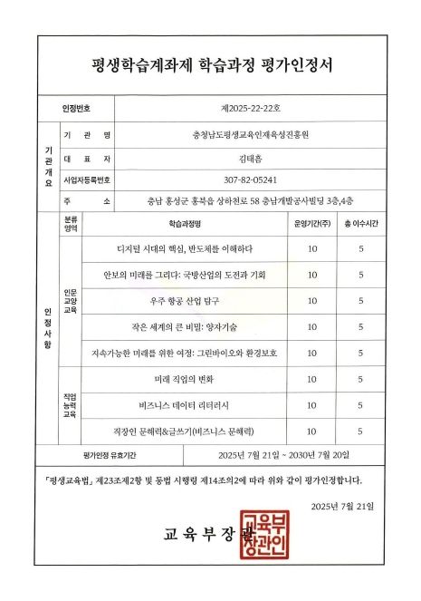 ‘평생학습계좌제 평가인정 획득’
